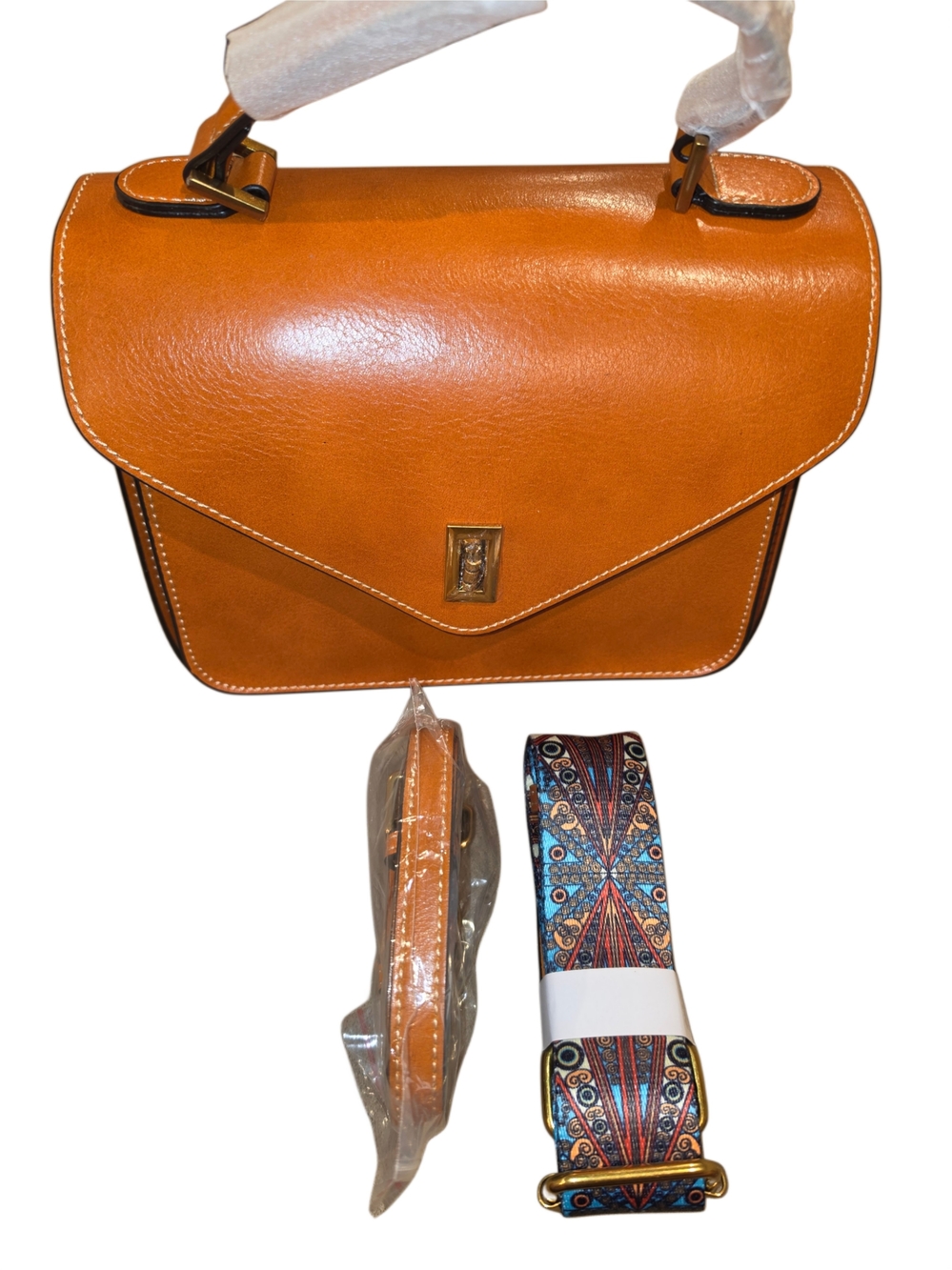 Brand New - Tan Genuine Leather Satchel w Decorative Fabric & Leather Straps